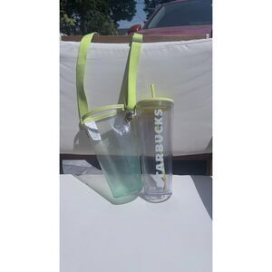 Starbucks 24 oz Clear Green Cold Cup With Straw & Crossbody Cup Carrier